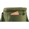 Bolso bandolera verde oliva con bolsillo delantero con cremallera, con un estuche rectangular rosa parcialmente visible