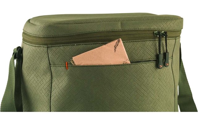 Bolso bandolera verde oliva con bolsillo delantero con cremallera, con un estuche rectangular rosa parcialmente visible
