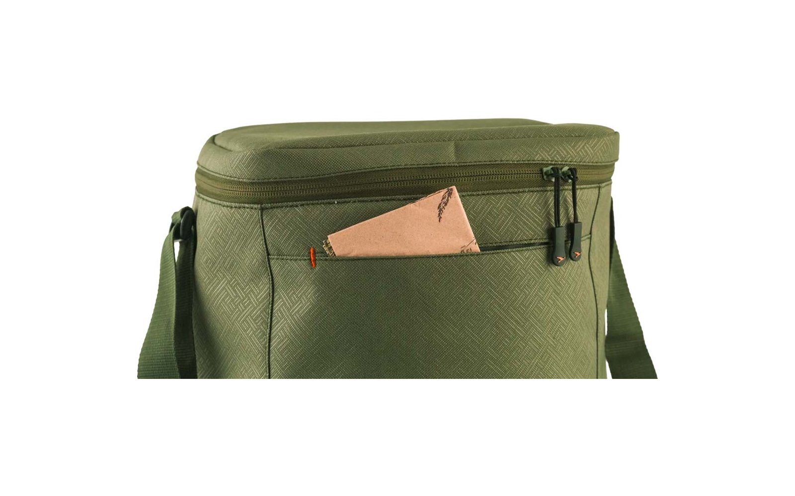 Bolso bandolera verde oliva con bolsillo delantero con cremallera, con un estuche rectangular rosa parcialmente visible