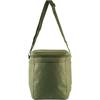 Bolsa rectangular de tela verde oliva con cremallera superior, bolsillo frontal y correa de hombro ajustable