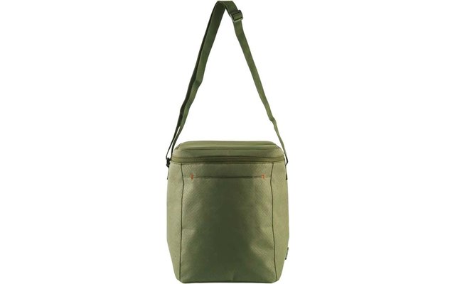 Bolsa rectangular de tela verde oliva con cremallera superior, bolsillo frontal y correa de hombro ajustable