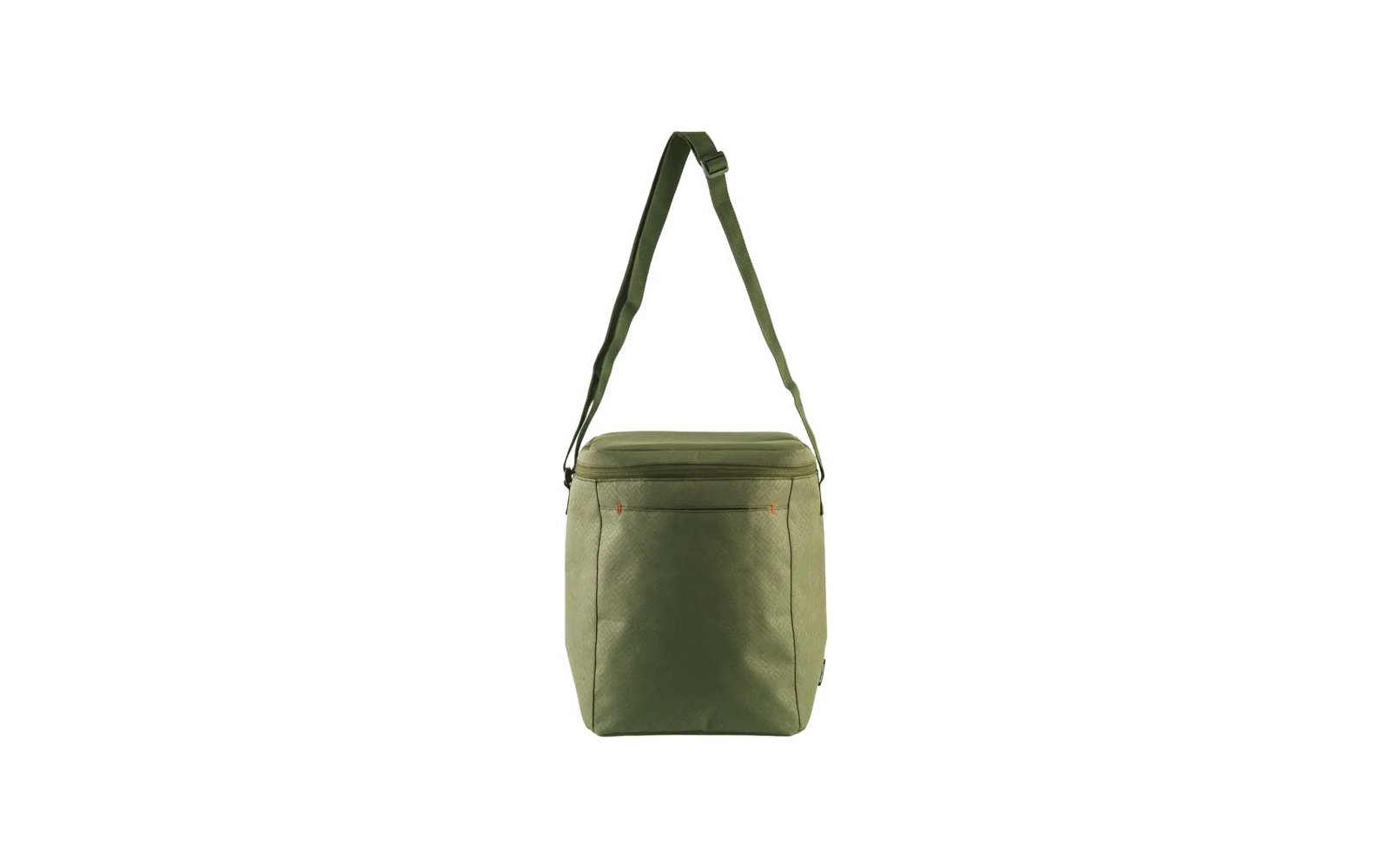 Bolsa rectangular de tela verde oliva con cremallera superior, bolsillo frontal y correa de hombro ajustable