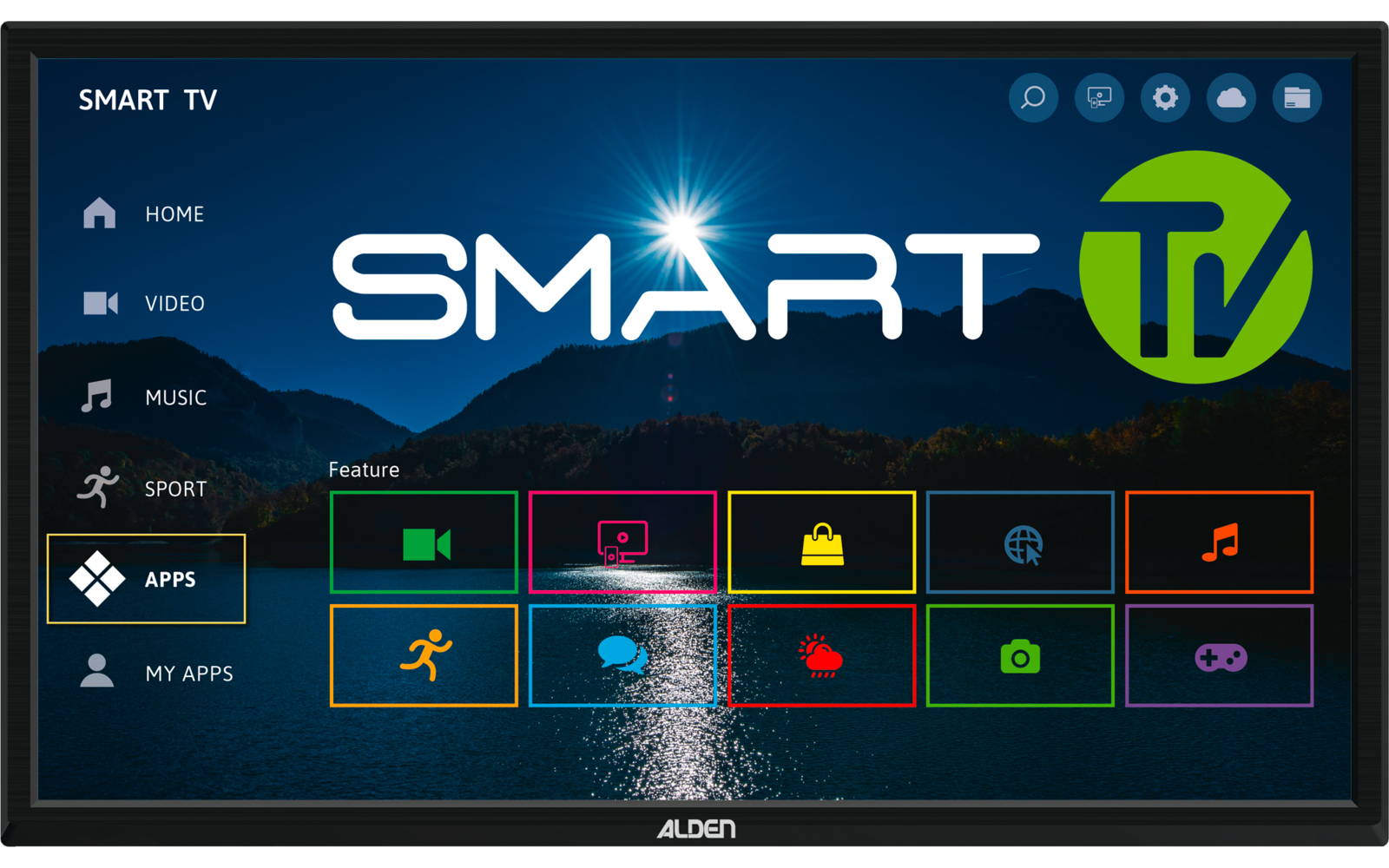 Fernsehbildschirm mit großem Schriftzug "SMART TV", grünem rundem "TV"-Logo oben rechts; links Menüleiste mit Symbolen und Einträgen "HOME", "VIDEO", "MUSIC", "SPORT", "APPS" (markiert) und "MY APPS"; Reihe farbiger App-Kacheln in der Mitte; Hintergr