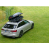 Station wagon argento (Audi) con box da tetto nero aperto con bagagli visibili, parcheggiata su prato verde accanto a canneto