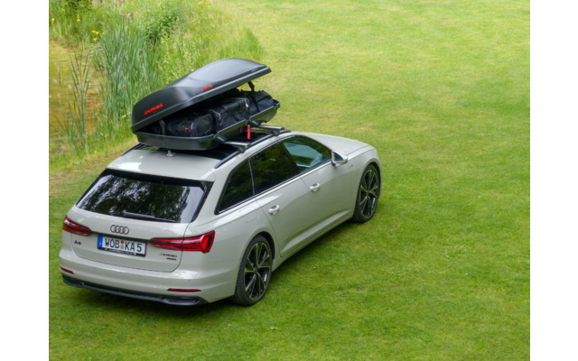 Station wagon argento (Audi) con box da tetto nero aperto con bagagli visibili, parcheggiata su prato verde accanto a canneto