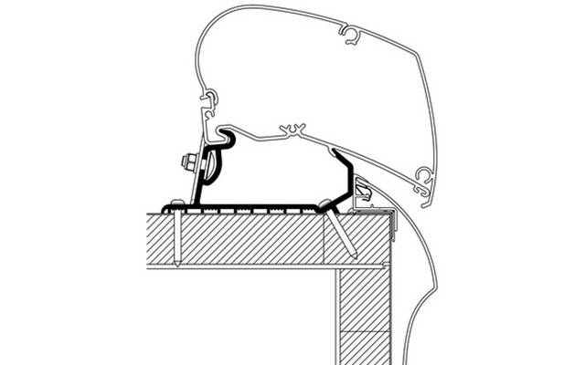 Dessin technique en coupe noir et blanc montrant un profil incurvé, plusieurs sections de profil, éléments de connexion, une vis et une zone de coupe hachurée