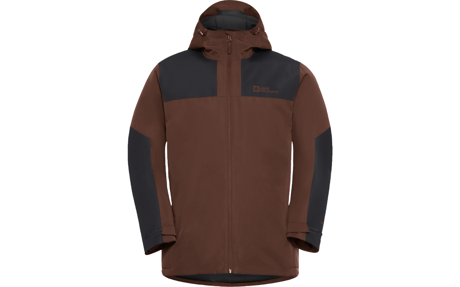 Braune Jacke mit schwarzem Oberteil und schwarzen Ärmeln