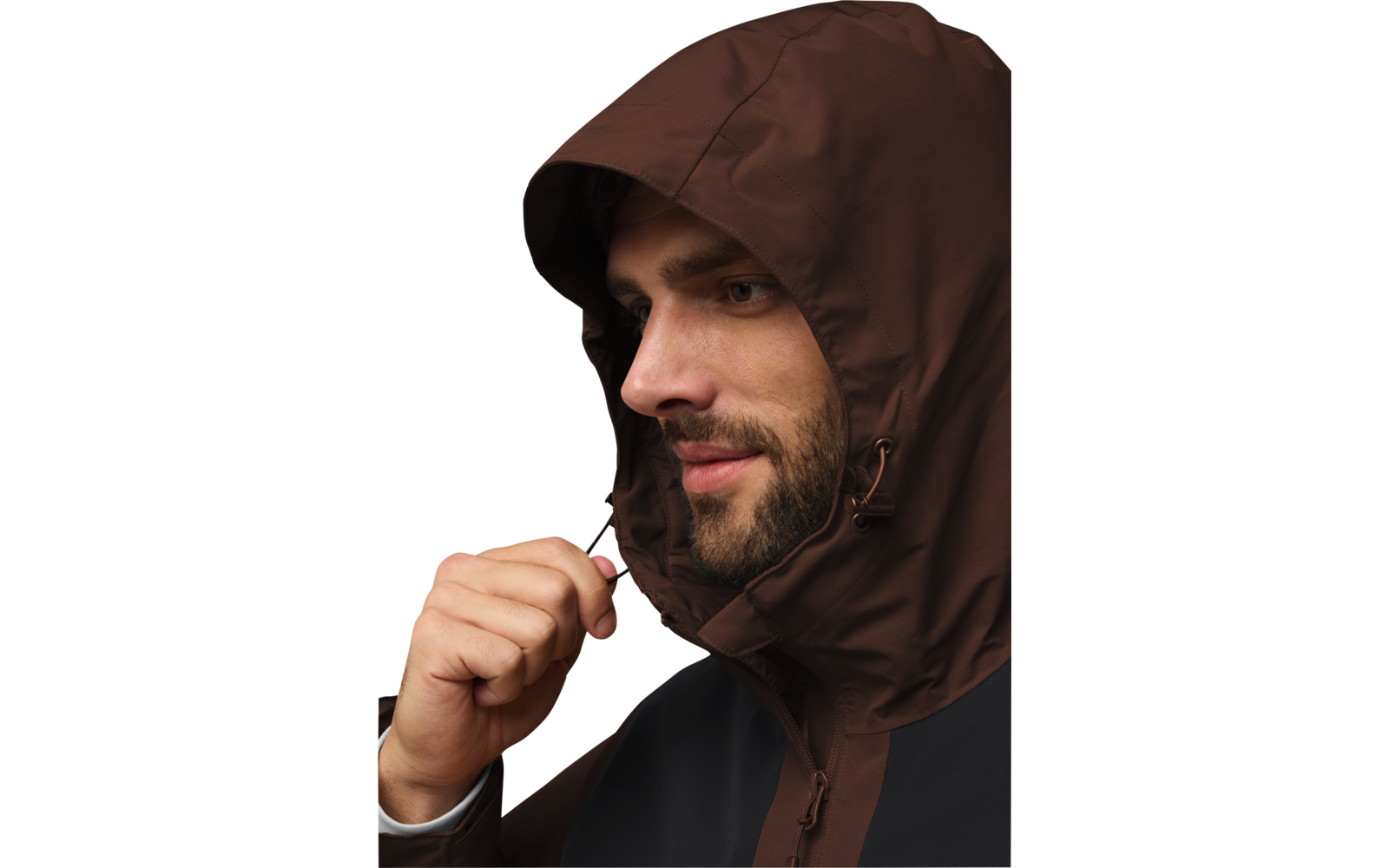 Porträt eines Mannes mit Kapuzenjacke, der nach links schaut