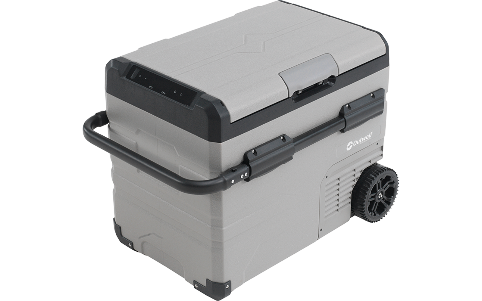Hellgraue, rechteckige Transportbox mit aufklappbarem Deckel, schwarzem Tragegriff, Bedienfeld vorne und zwei Rädern an der rechten Seite
