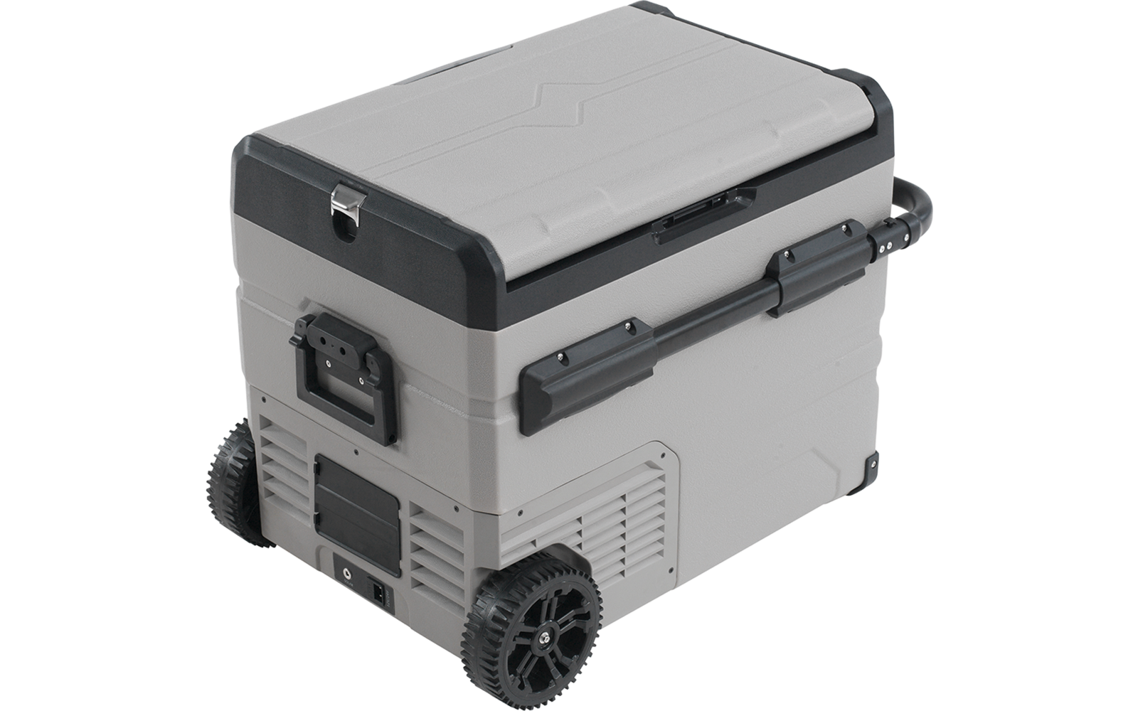 Hellgraue rechteckige Box mit aufklappbarem Deckel und dunkelgrauen Kanten, zwei Rädern an einer Seite, ausziehbarem Griff, seitlichen Griffen, Verriegelungsriegeln und Lüftungsschlitzen