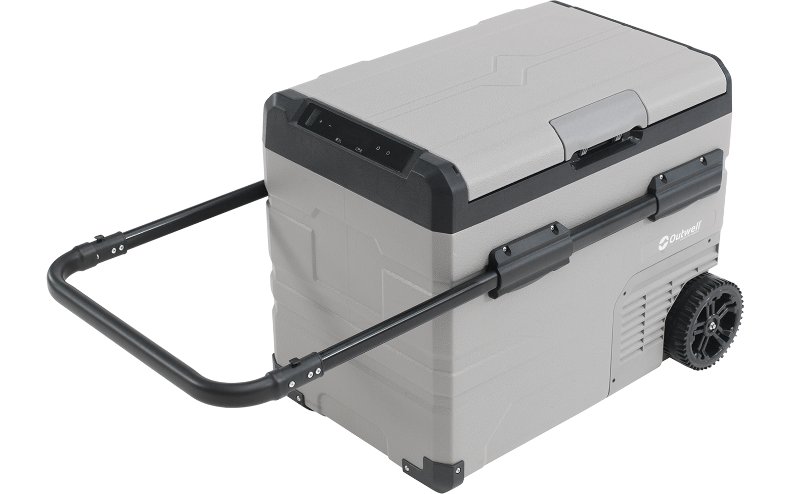 Tragbare rechteckige Kühlbox hellgrau mit dunklem Deckel, klappbarem schwarzem Zuggriff, zwei Rädern an einer Seite und seitlicher Lüftungsöffnung