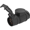 black cylindrical plug with open hinged cap and seven metal contact sockets