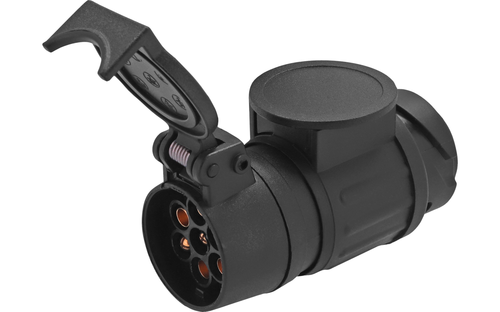 black cylindrical plug with open hinged cap and seven metal contact sockets