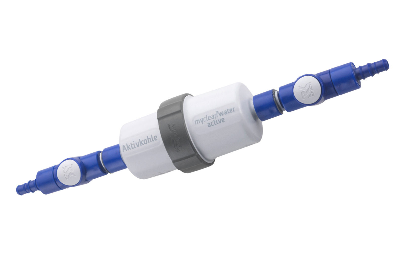 Blauwe slang met wit filterelement en grijze klem