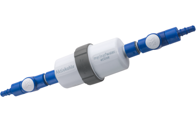 Blauer Schlauch mit weißem Filterelement und grauem Halteband