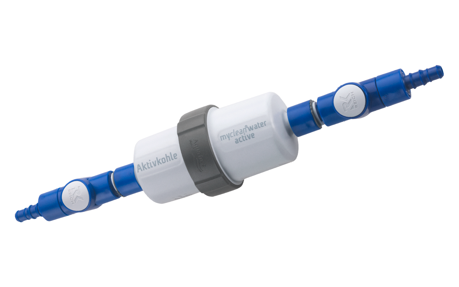 Blauer Schlauch mit weißem Filterelement und grauem Halteband