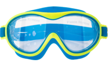 Blaue und gelbe Schwimmbrille mit transparenten Gläsern vor weißem Hintergrund