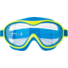 Blaue und gelbe Schwimmbrille mit transparenten Gläsern vor weißem Hintergrund