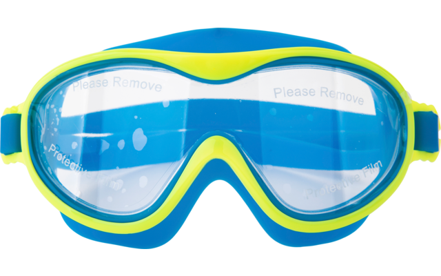 Blaue und gelbe Schwimmbrille mit transparenten Gläsern vor weißem Hintergrund