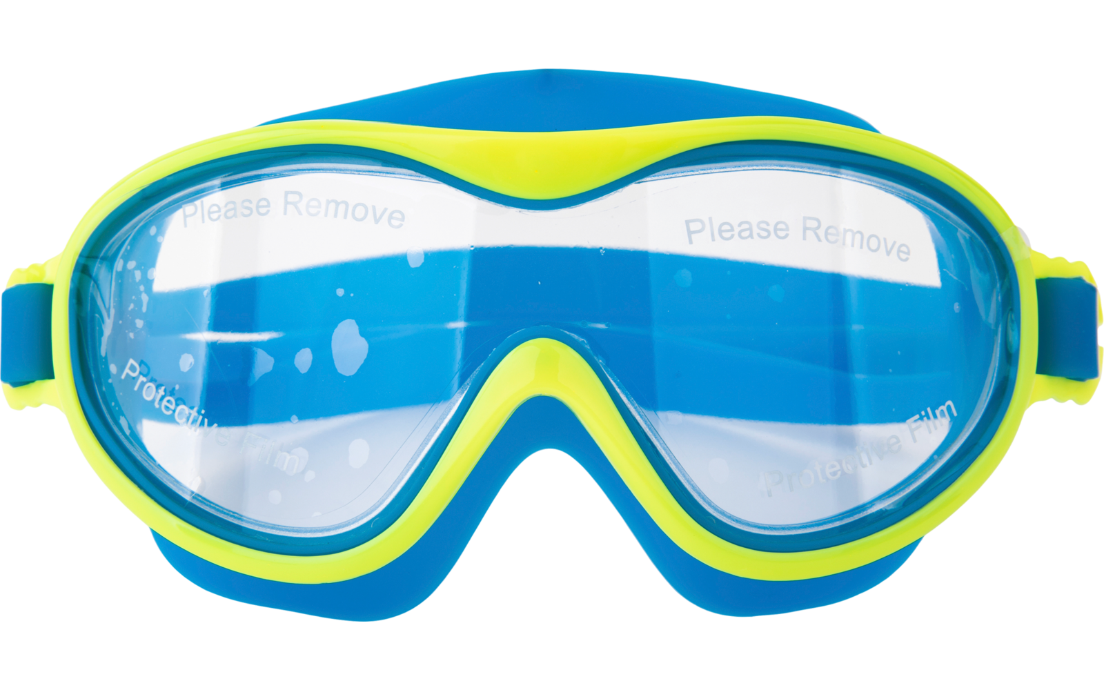 Blaue und gelbe Schwimmbrille mit transparenten Gläsern vor weißem Hintergrund