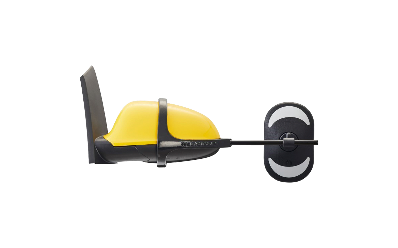 Gelbes, abgerundetes Gehäuse in schwarzem Gestell; links eine senkrechte schwarze Platte, rechts ein langer schwarzer Stab mit ovalem schwarzen Aufsatz und zwei weißen halbmondförmigen Markierungen