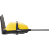 Seitenansicht eines gelben und schwarzen Geräts mit abgerundetem Gehäuse und langem dünnem schwarzen Stab auf weißem Hintergrund