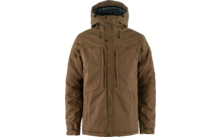 Braune Jacke mit Kapuze und Reißverschlüssen, frontal sichtbar