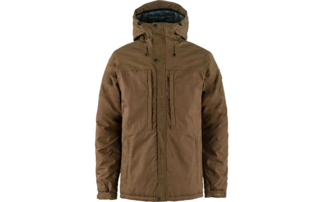 Braune Jacke mit Kapuze und Reißverschlüssen, frontal sichtbar