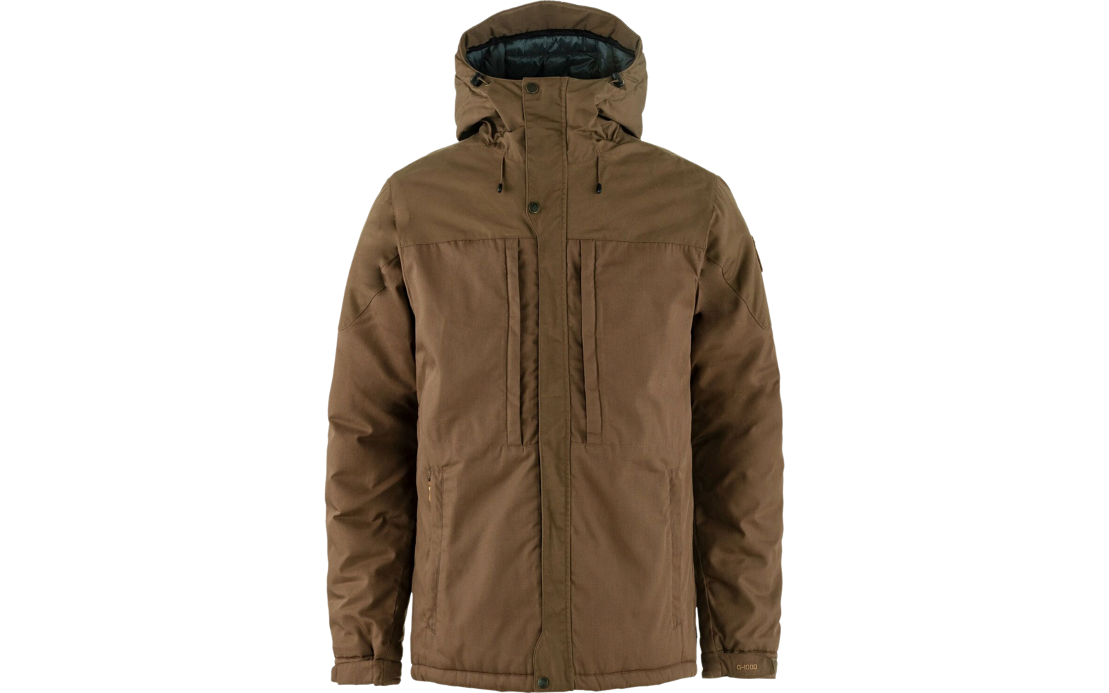 Braune Jacke mit Kapuze und Reißverschlüssen, frontal sichtbar
