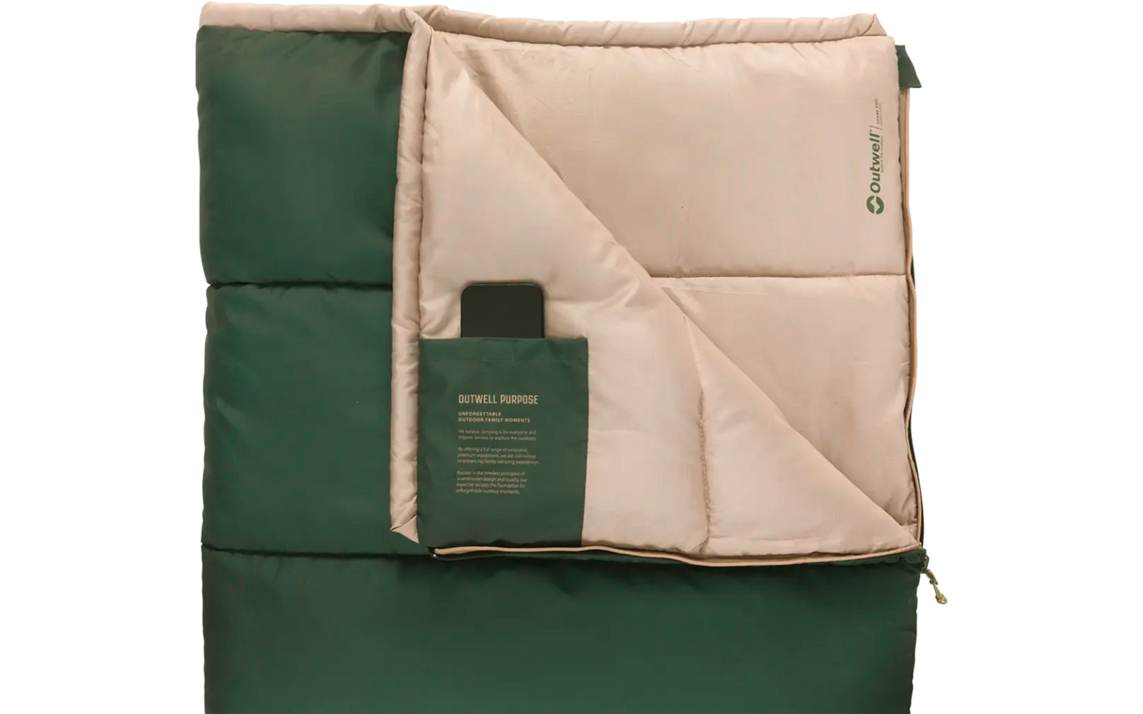 Zweifarbige Decke in Grün und Beige, teilweise umgeschlagen, mit einem kleinen Etikett und Text auf der beige Seite