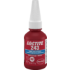 Rote Kunststoffflasche mit weißer, geriffelter Dosierspitze; Frontetikett mit großem Text „LOCTITE 243“, zusätzlichen Texten „THREADLOCKER“, „SCHRAUBENSICHERUNG“, NSF- und Henkel-Logos sowie Angabe „10 ml / 11 g“
