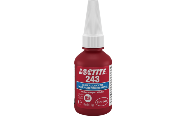 Rote Kunststoffflasche mit weißer, geriffelter Dosierspitze; Frontetikett mit großem Text „LOCTITE 243“, zusätzlichen Texten „THREADLOCKER“, „SCHRAUBENSICHERUNG“, NSF- und Henkel-Logos sowie Angabe „10 ml / 11 g“