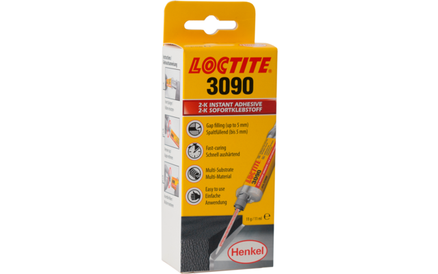 Gelbe Produktverpackung mit rotem Schriftzug 'LOCTITE', der Zahl '3090', Abbildung einer Zweikomponenten-Spritze und Henkel-Logo