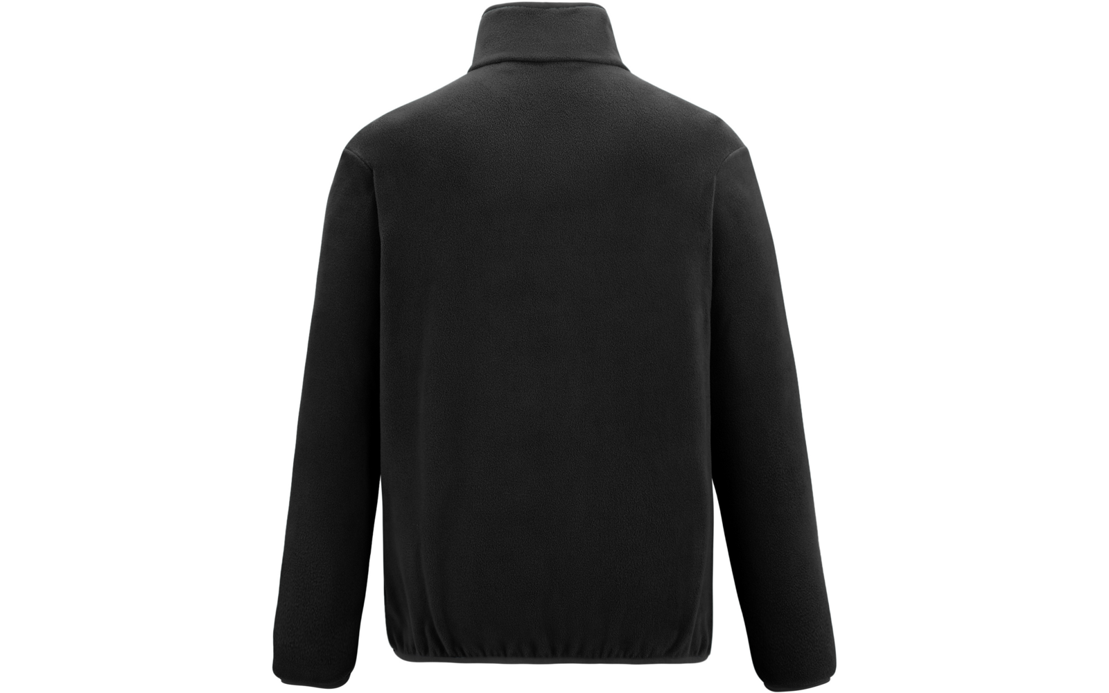 Rückansicht einer schwarzen Jacke mit Stehkragen und elastischem Saum