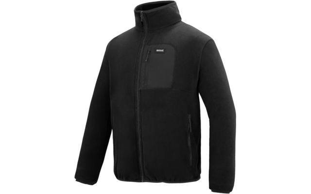 Schwarze Fleecejacke mit Stehkragen, durchgehendem Reißverschluss, Brusttasche und zwei seitlichen Reißverschlusstaschen