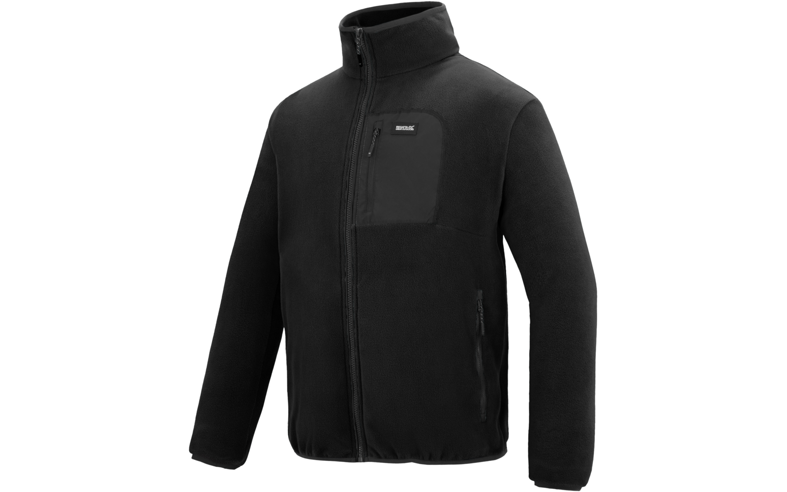 Schwarze Fleecejacke mit Stehkragen, durchgehendem Reißverschluss, Brusttasche und zwei seitlichen Reißverschlusstaschen