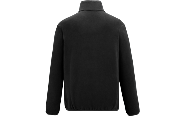 Rückansicht einer schwarzen Jacke mit Stehkragen und elastischem Saum