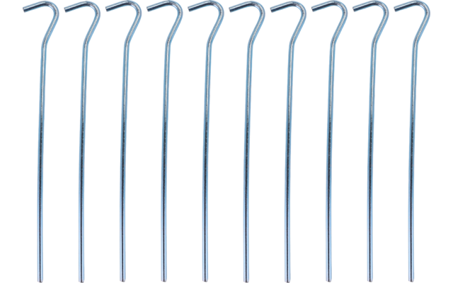 Several bent metal rods with hooked tops arranged side by side on a white background
