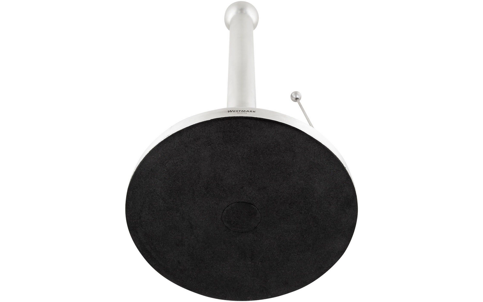 Lato inferiore rotondo e nero di un supporto con un'asta metallica argento al centro e una piccola sfera argentata su un'asta corta sul lato, sfondo bianco