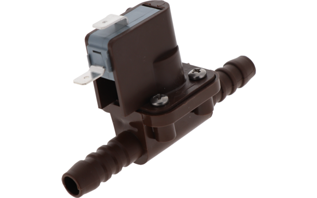 Bruin kunststof onderdeel met twee slangverbindingen aan weerszijden, rechthoekige bovenkant met twee metalen contactpunten en twee zichtbare schroeven