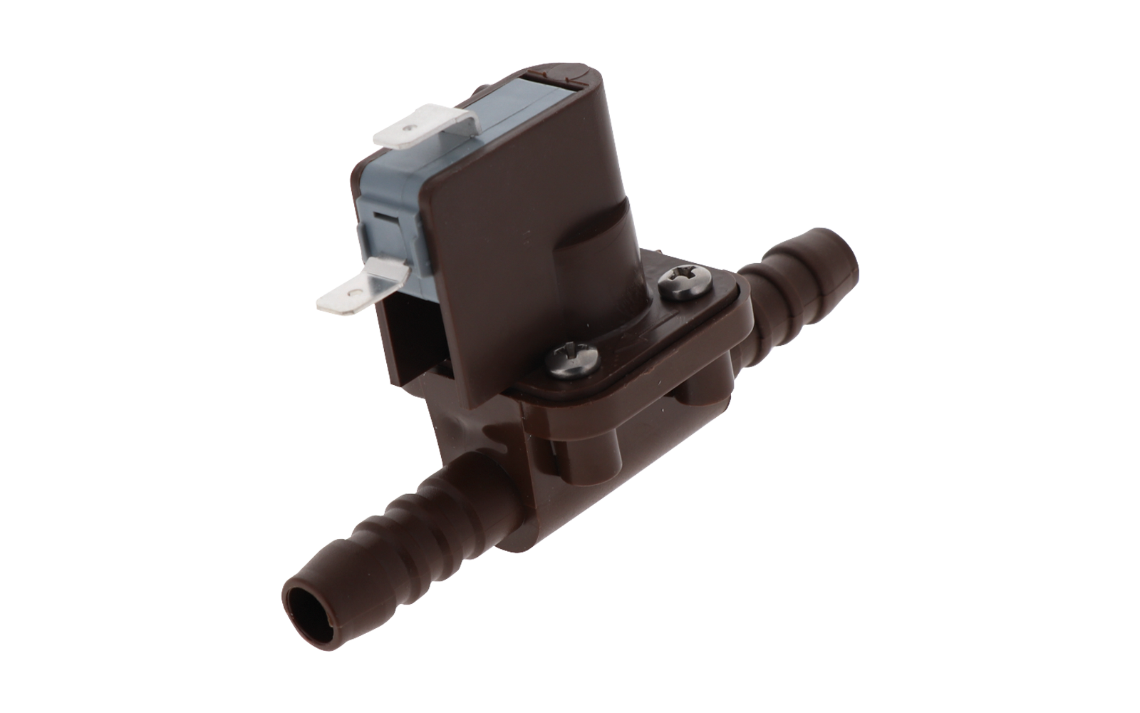 Bruin kunststof onderdeel met twee slangverbindingen aan weerszijden, rechthoekige bovenkant met twee metalen contactpunten en twee zichtbare schroeven