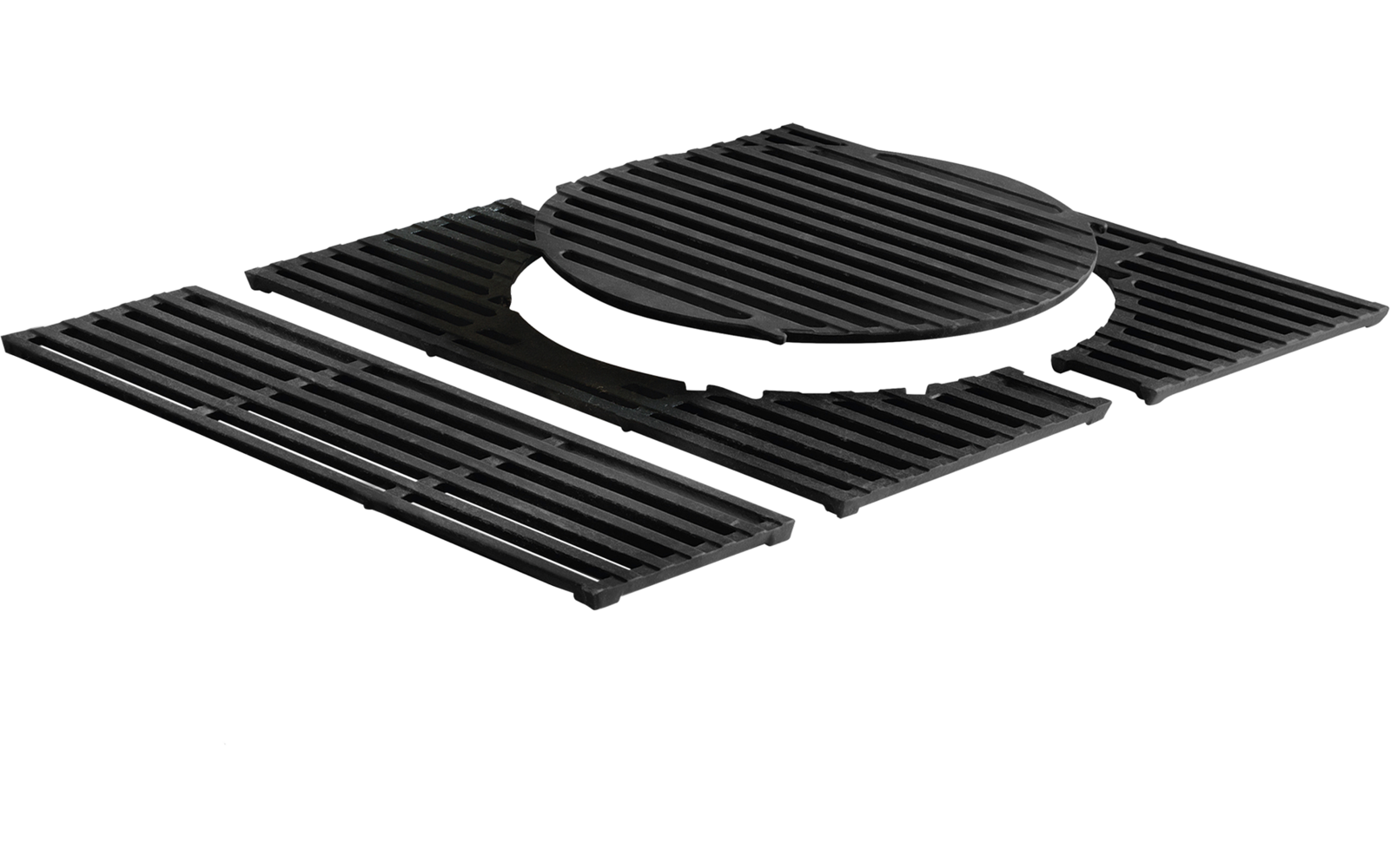 Several black elongated ribbed panels and a round ribbed disc next to each other on a white background