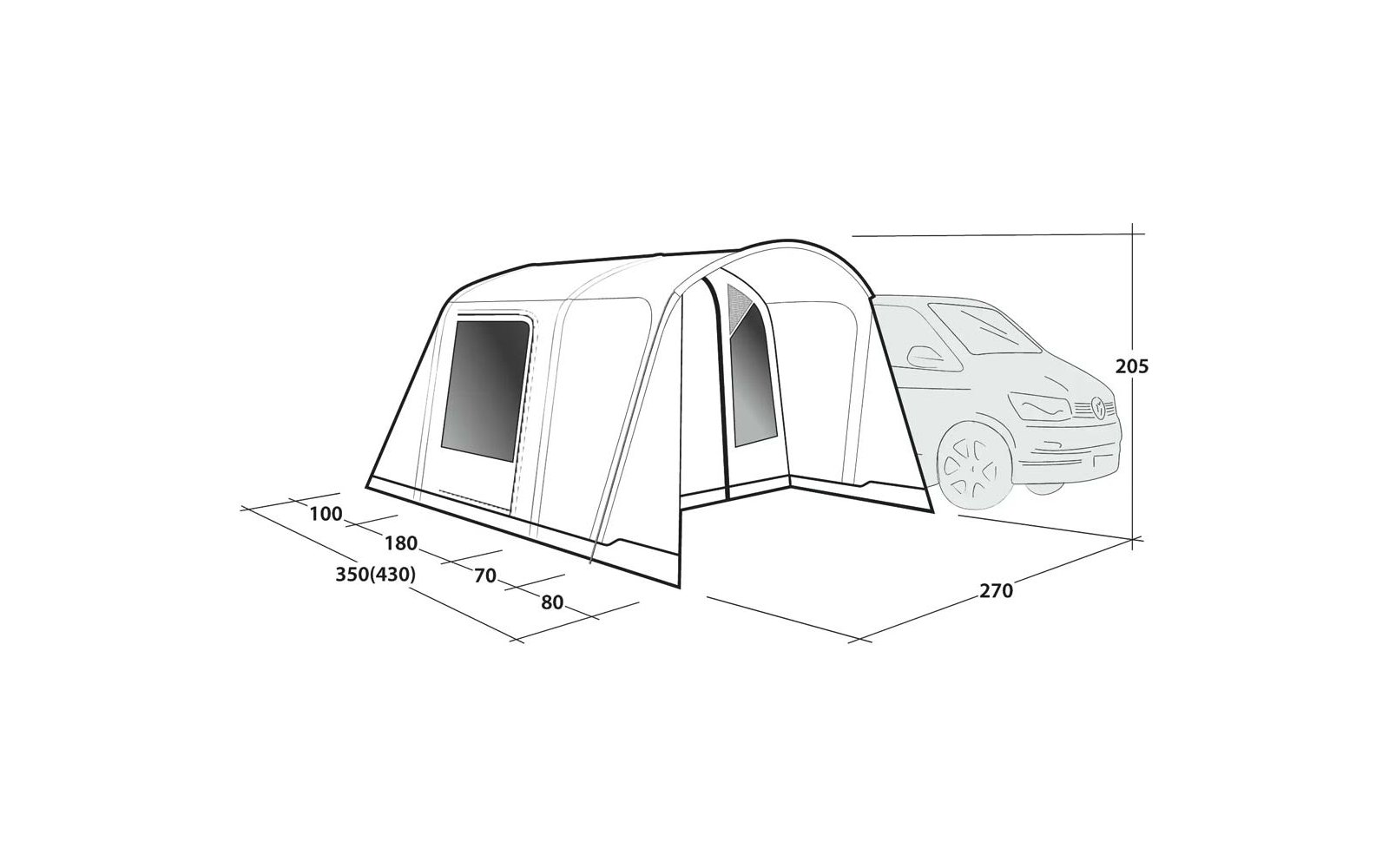 Geboogene textile Konstruktion mit offenem mittigem Eingang, zwei rechteckige Seitenfenster, rechts gezeichnete Pkw-Silhouette, Linien und Zahlen als Maßangaben