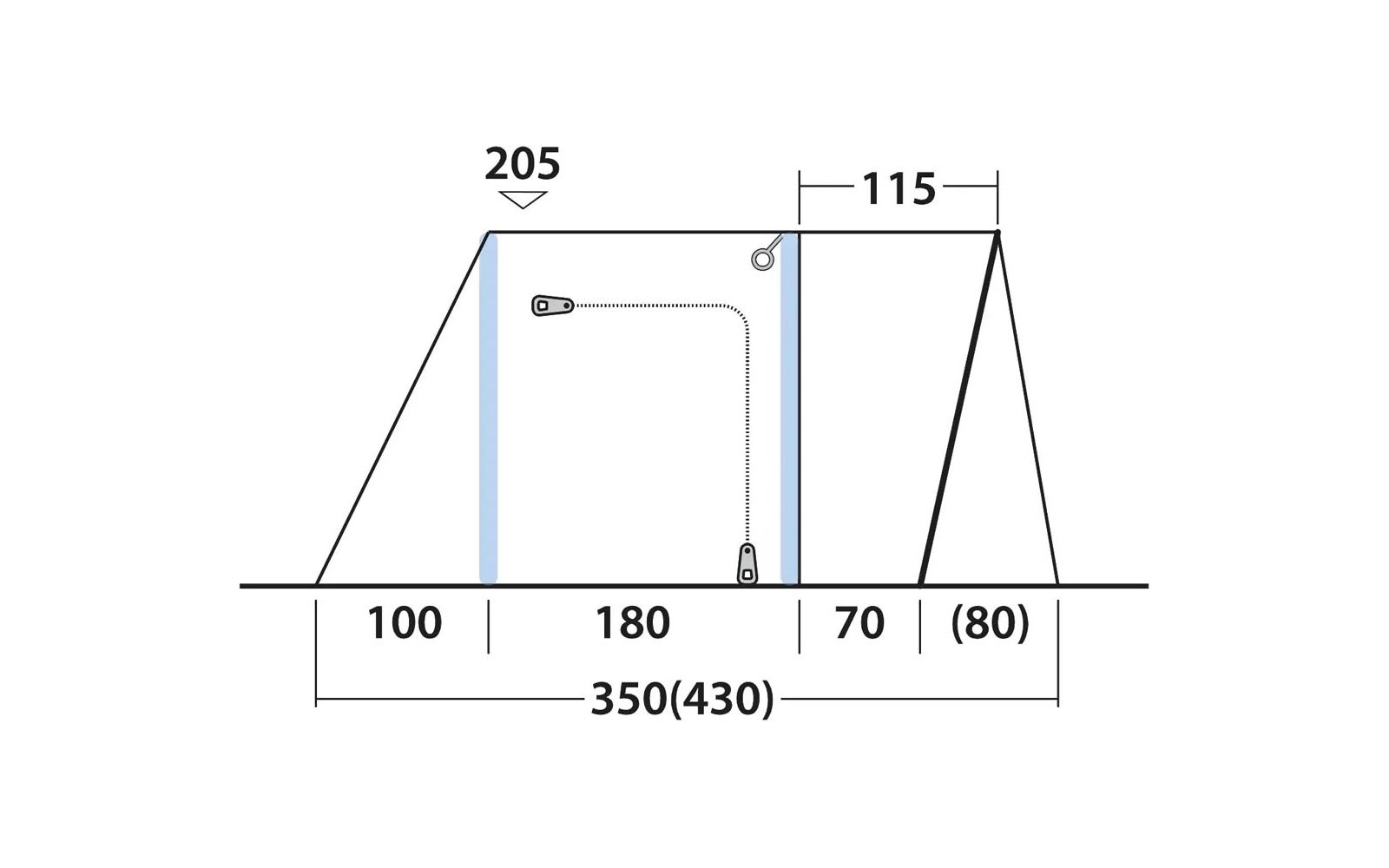Schematische Seitenansicht mit schrägen Stützlinien links und rechts, zwei vertikalen blauen Flächen, einem U‑förmigen Reißverschluss in der Mitte, Bodenlinie und Maßangaben: 100, 180, 70, (80), 350(430), 205, 115