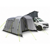 Weißer Camper-Van mit hochgeklapptem Dach und angebautem grauem Vorzelt mit Fenstern und leuchtgrünen Abspannleinen auf weißem Hintergrund