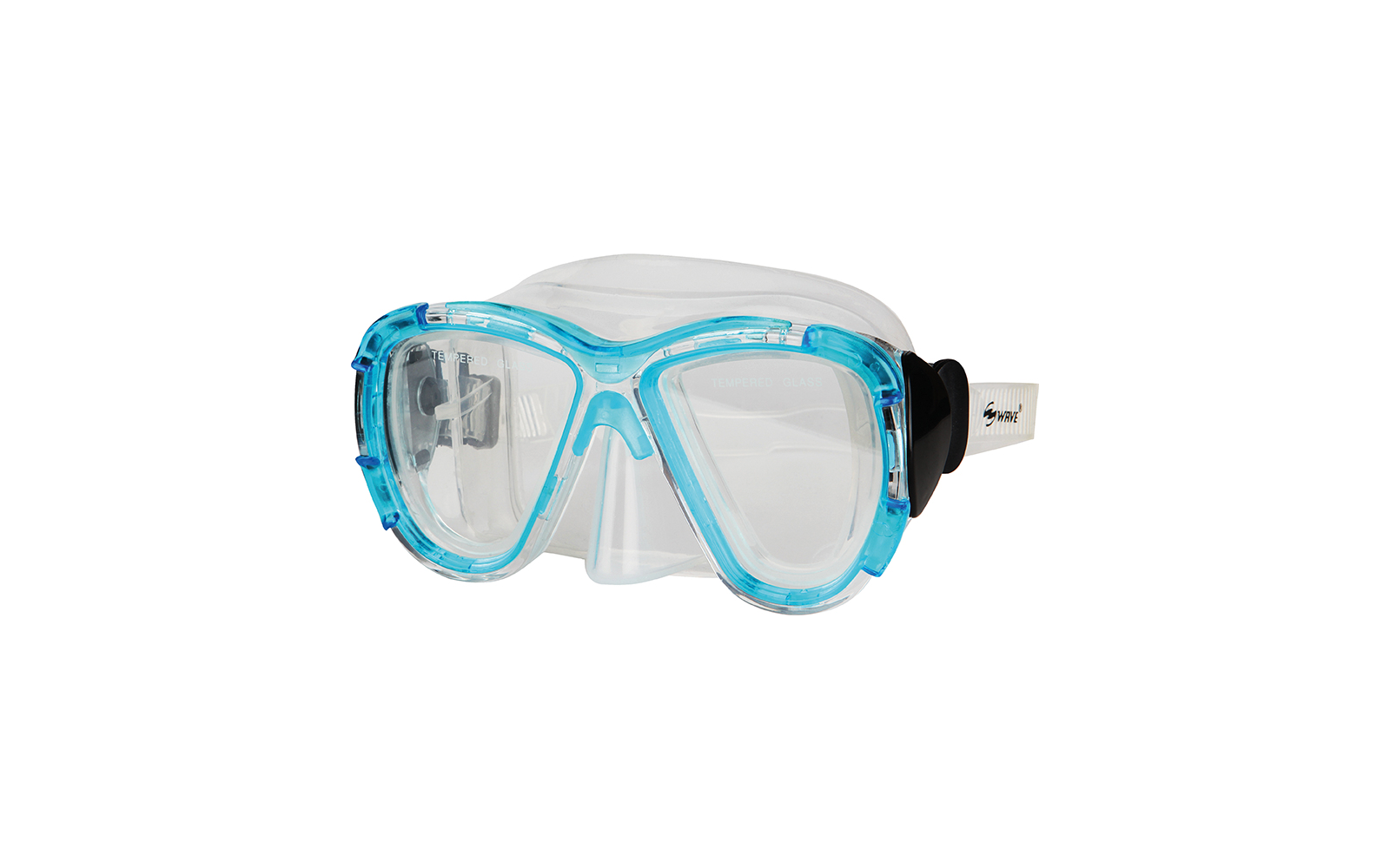 Taucherbrille mit transparenten Gläsern und blauem Rahmen