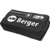 Schwarze rechteckige Tasche mit Reißverschluss und weißen Aufdrucken: Schriftzug "Berger", "KFZ-Verbandtasche" und weiße Symbole (Kreuz im Kreis, Auto, Wohnwagen)