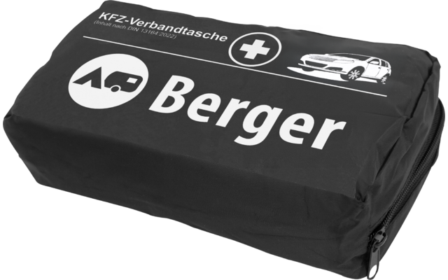 Schwarze rechteckige Tasche mit Reißverschluss und weißen Aufdrucken: Schriftzug "Berger", "KFZ-Verbandtasche" und weiße Symbole (Kreuz im Kreis, Auto, Wohnwagen)