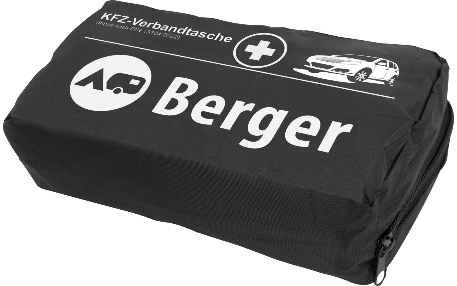 Schwarze rechteckige Tasche mit Reißverschluss und weißen Aufdrucken: Schriftzug "Berger", "KFZ-Verbandtasche" und weiße Symbole (Kreuz im Kreis, Auto, Wohnwagen)