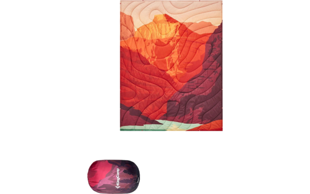Gemälde einer rot-orangenen Gebirgslandschaft mit verschiedenen Bergschichten und einem kleinen Grünton am unteren Rand